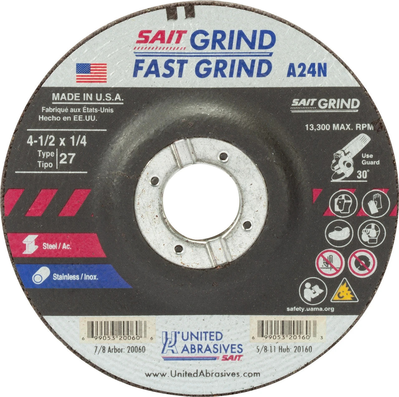 United Abrasives SAIT 20060, Grinding Wheel, 4-1/2" x 1/4" x 7/8", Type-27 A24N, 25/box