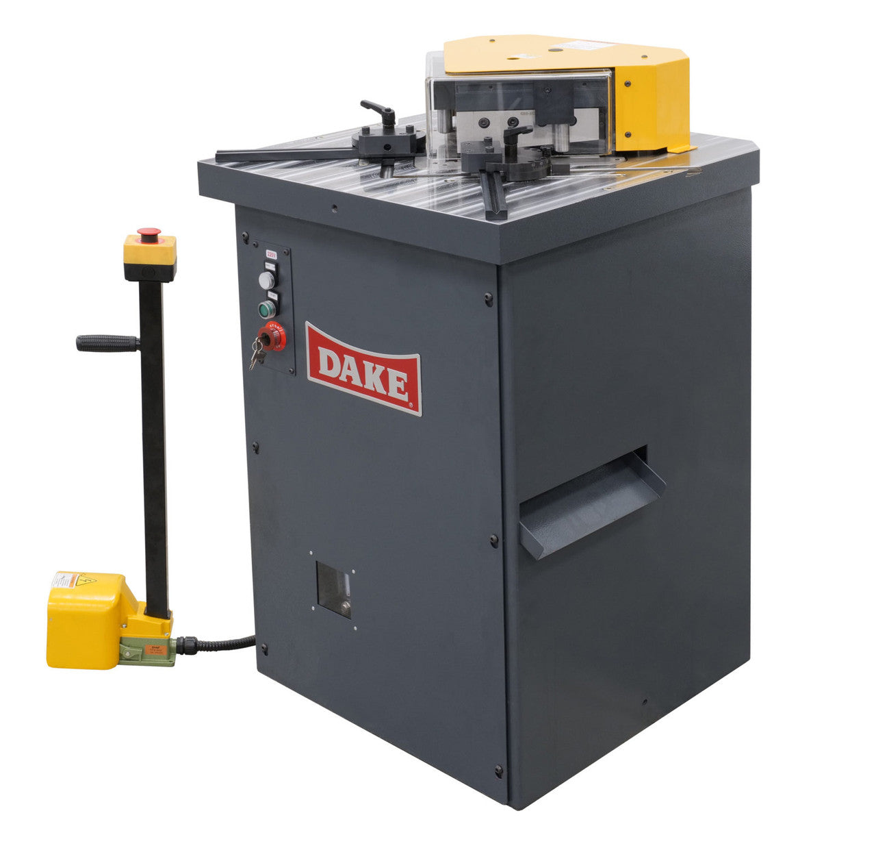 Dake 24 Tons, 4 HP, 220V 3-Phase, 15 Strokes/min Capacity 4 Ga. Mild Steel, Cutting Length 8.6" x 8.6", Table Size 25.5" x 25.5" Fixed Angel Sheet Metal Notcher