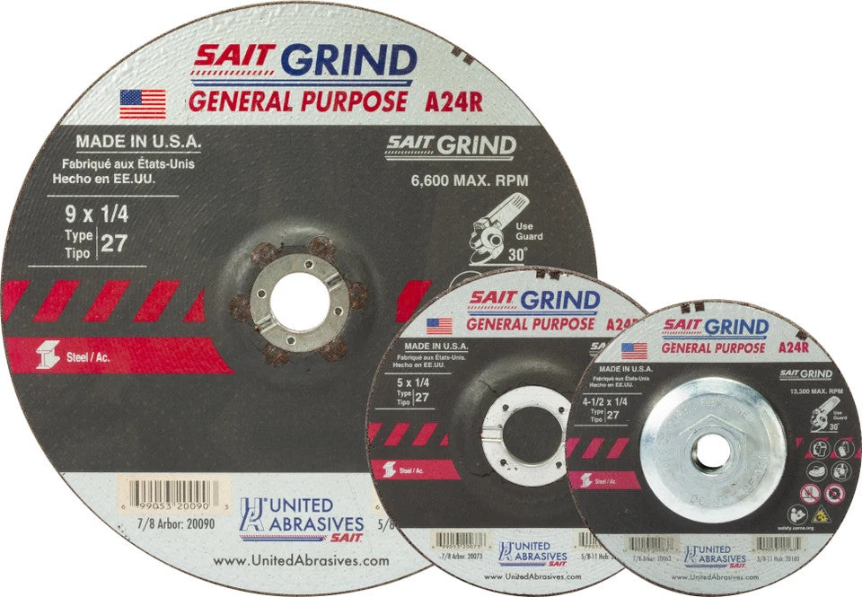 United Abrasives SAIT 20060, Grinding Wheel, 4-1/2" x 1/4" x 7/8", Type-27 A24N, 25/box
