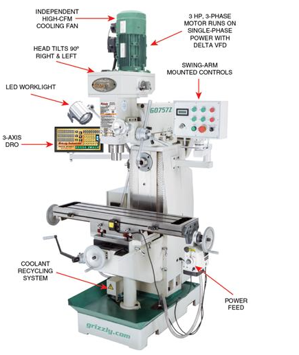Grizzly G0757Z - 10" x 39" 3 HP Variable-Speed Horizontal/Vertical Mill with DRO