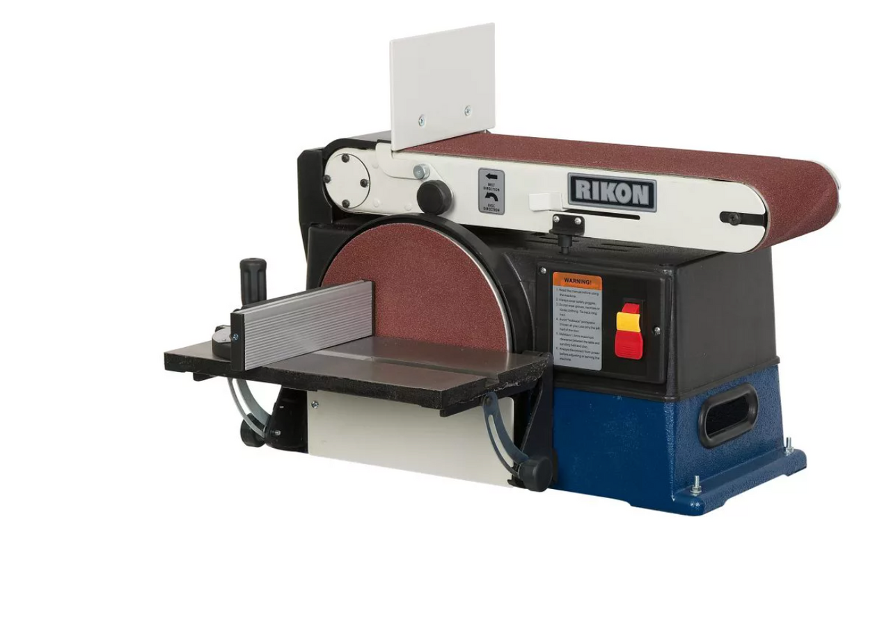 • Cast Iron Steel Construction
• Belt Size 6″ x 48″
• Belt Tilts 0 – 90°
• 10″ Disc Diameter
• Includes: Work Support Table, Miter Gauge, Carrying Handles, 1 – 80 Grit Disc and 1 – 60 Grit Belt

6” x 48” Belt / 10” Disc Sander #50-120 is a large, robust sander, that shines where the majority of sanding would be done on the wide abrasive belt. The belt frame adjusts in any position from horizontal to vertical to

meet your sanding needs. The belt’s support fence can be removed for full access to the whole le