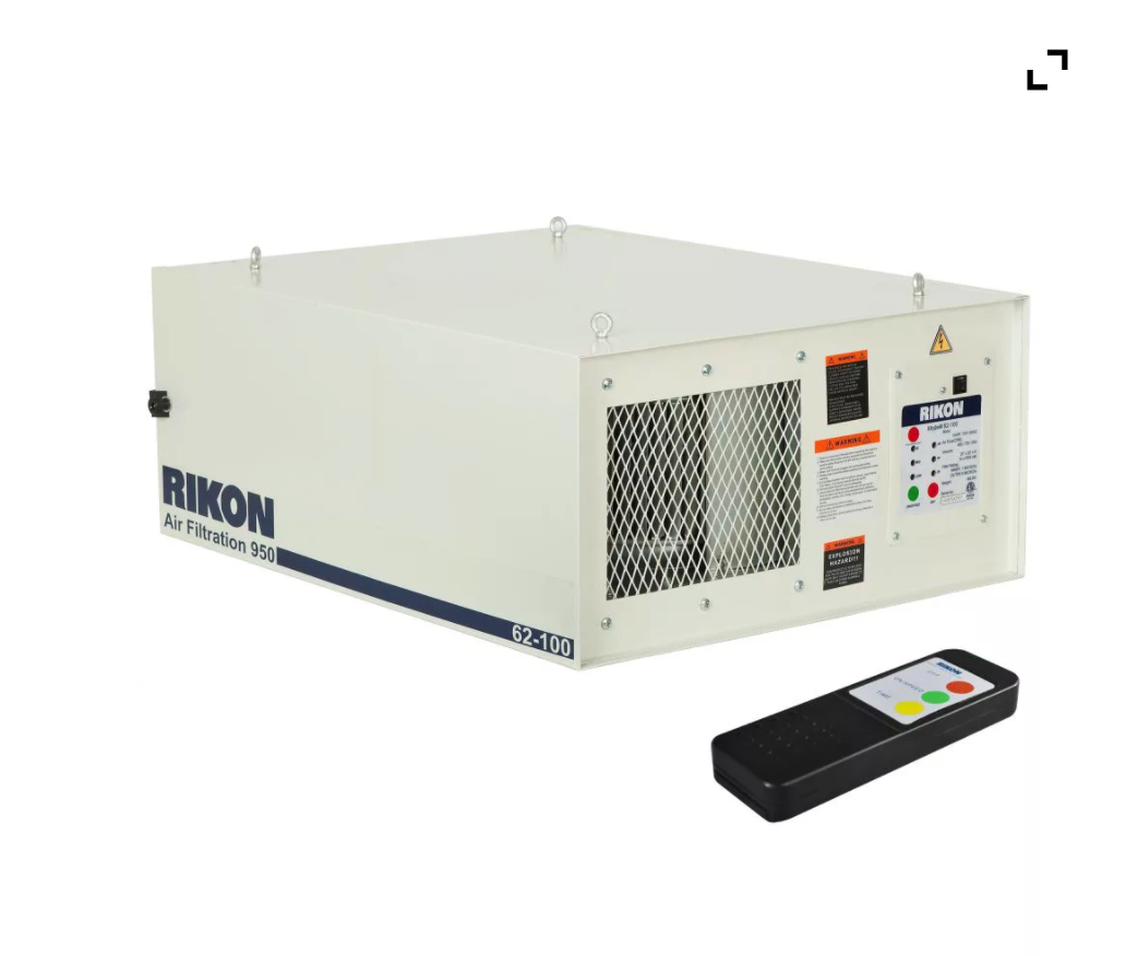• Air Filtration Keeps Your Shops Air Breathable
• 3 Speeds 480, 750, Or 950 CFM
• 3 Timer Settings 2, 4 Or 6 Hours
• Convenient Remote
• Quick Release Latch System
• Easily Mount On Work Bench Or Mount From Ceilings

The 62-100 has three speed settings and a powerful 1/4HP motor that provides 480/750/950 CFM of filtered air. Three timer settings will filter air in 2, 4 or 8 hour segments. The 62-100 will scrub the air of a 20’x20’x8’

room 14 times per hour. Convenient remote that will control on/off, thre