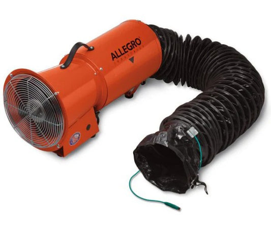 Allegro 8" Axial Explosion-Proof (EX) Metal Blower w/ Canister &  Statically Conductive Ducting, 49 lbs. (220V AC/50 Hz)