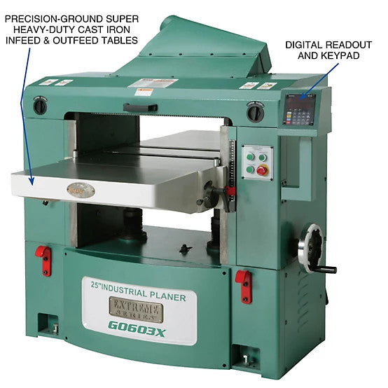 Grizzly G0603X - 25" 15 HP 3-Phase Extreme Duty Planer w/ Helical Cutterhead
